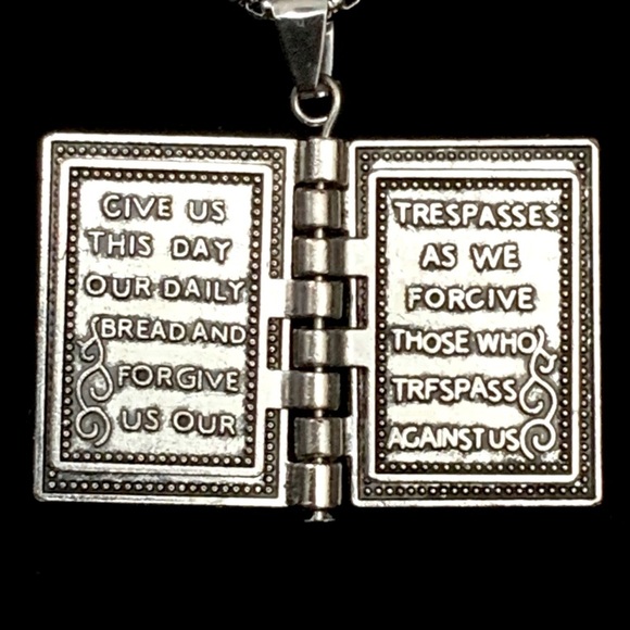 Bible Necklace 4 Pages Turnable Lords Prayer Pages 27” Box Chain Silver Tone - Picture 13 of 16